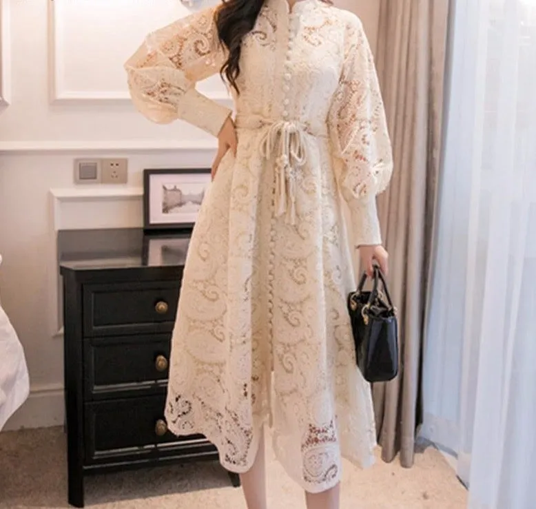 Braided belt high waist woman's dress hollow out embroidery long-sleeve