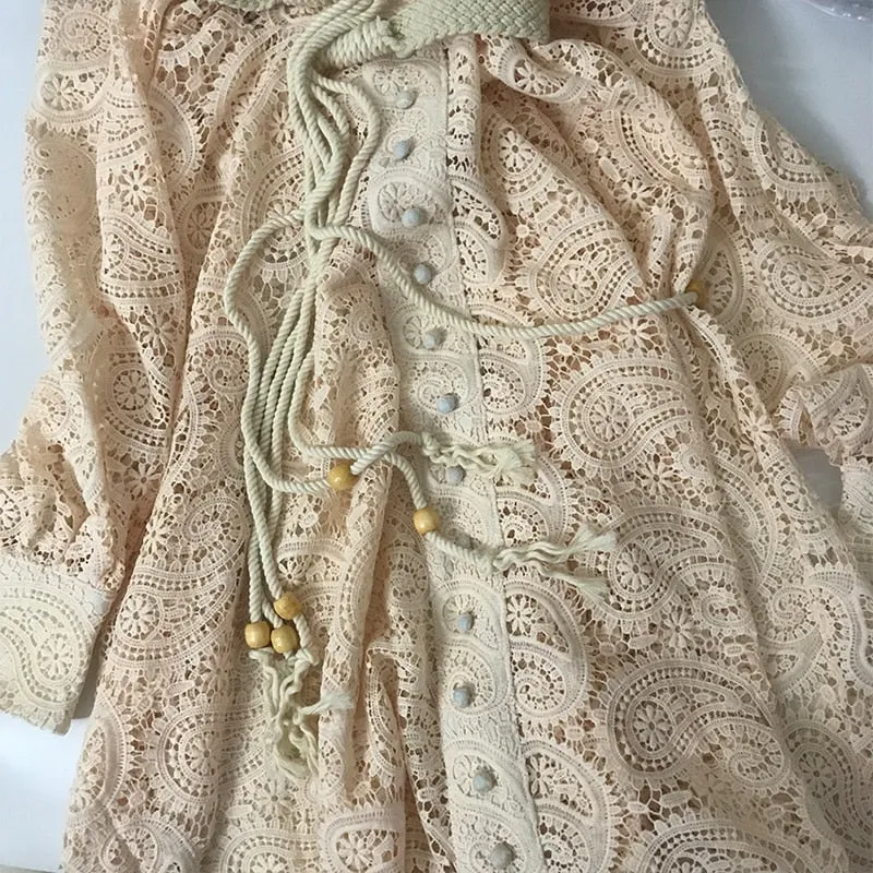 Braided belt high waist woman's dress hollow out embroidery long-sleeve