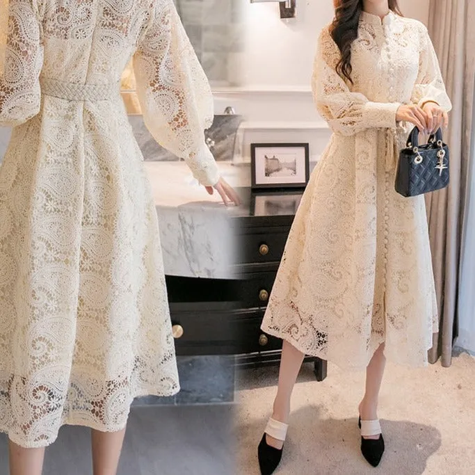 Braided belt high waist woman's dress hollow out embroidery long-sleeve