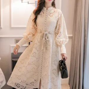 Braided belt high waist woman's dress hollow out embroidery long-sleeve