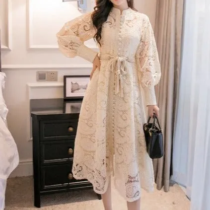 Braided belt high waist woman's dress hollow out embroidery long-sleeve