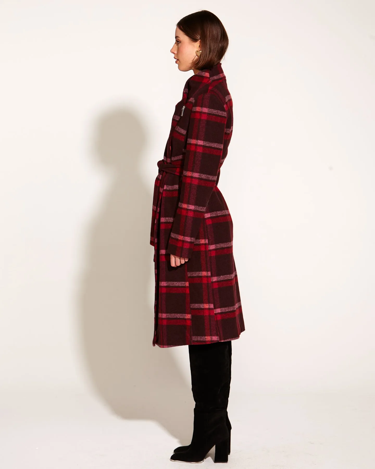 Choose You Waist Tie Longline Coat - Pink Red Check