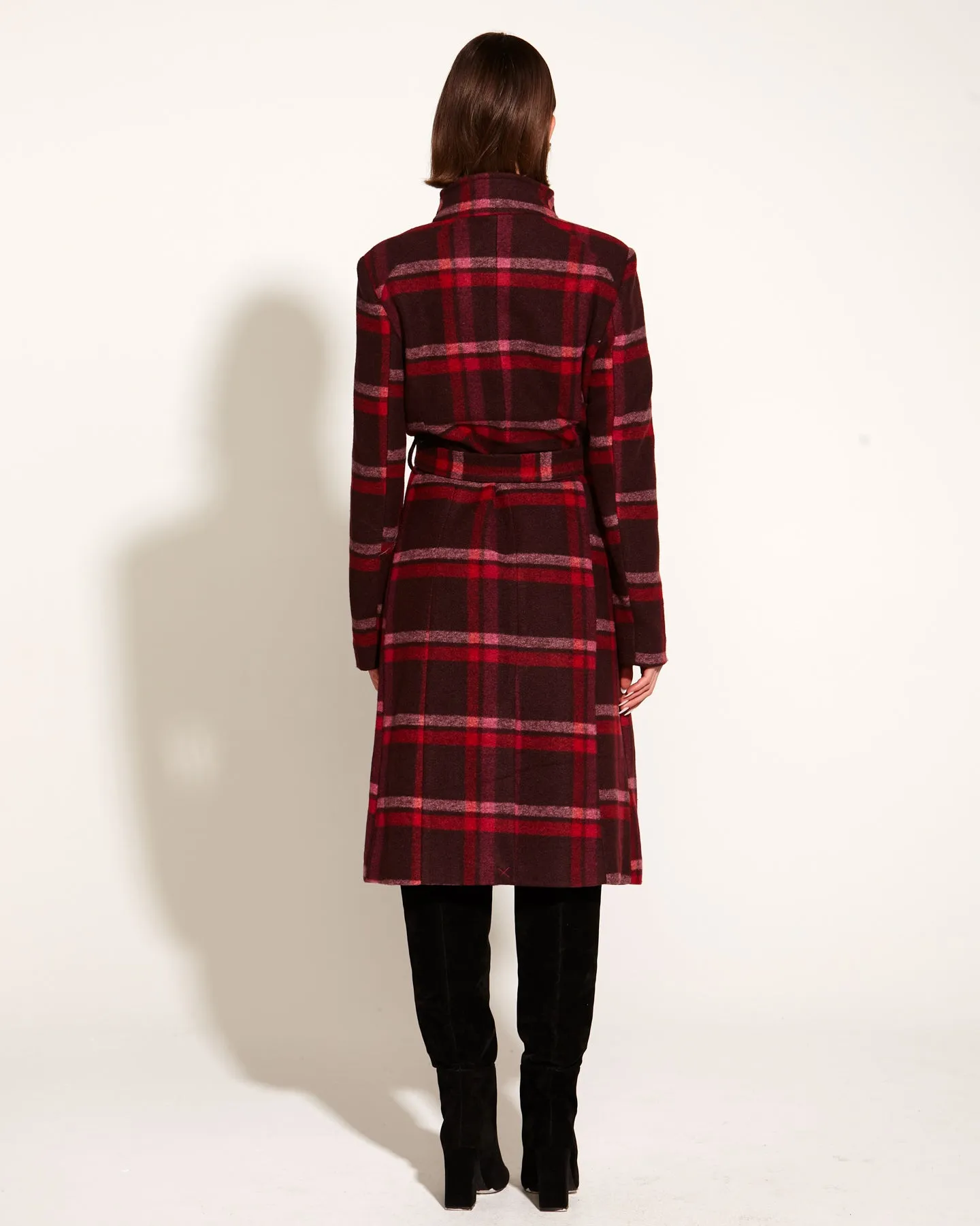 Choose You Waist Tie Longline Coat - Pink Red Check