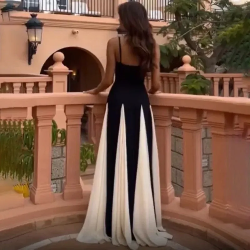 Classy Women's Contrast Patchwork Backless A-line Maxi Dress