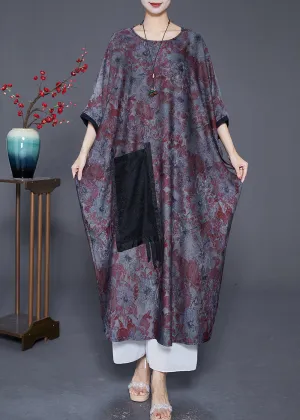 Elegant Blue Grey Oversized Patchwork Tassel Silk Dresses Batwing Sleeve LY6546