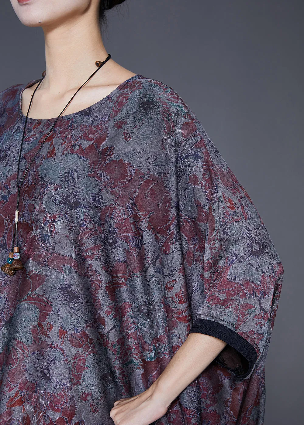 Elegant Blue Grey Oversized Patchwork Tassel Silk Dresses Batwing Sleeve LY6546