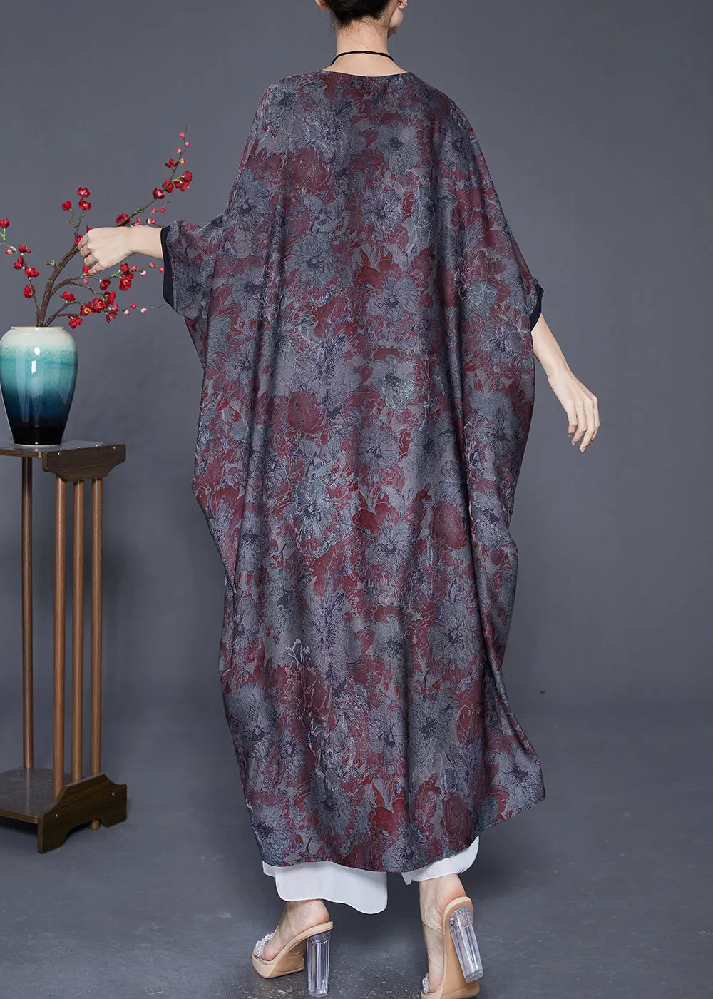 Elegant Blue Grey Oversized Patchwork Tassel Silk Dresses Batwing Sleeve LY6546