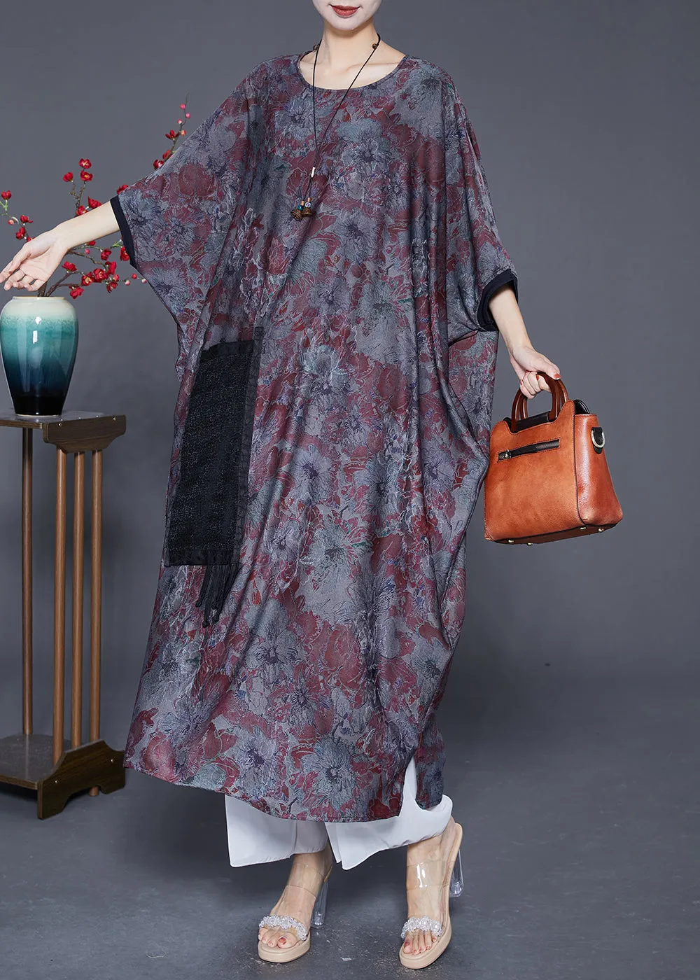 Elegant Blue Grey Oversized Patchwork Tassel Silk Dresses Batwing Sleeve LY6546