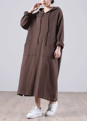 Elegant Brown Hooded Pockets Side Open Fall Sweatshirt Dresses