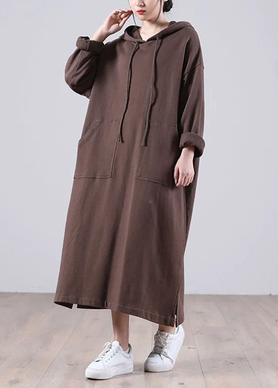 Elegant Brown Hooded Pockets Side Open Fall Sweatshirt Dresses