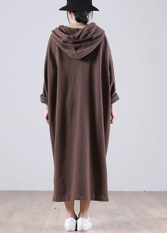 Elegant Brown Hooded Pockets Side Open Fall Sweatshirt Dresses
