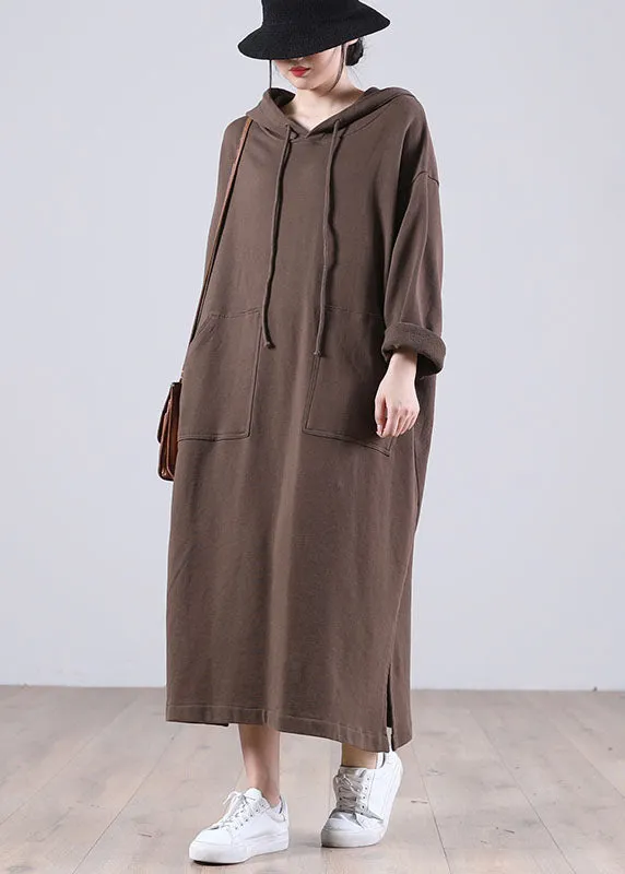 Elegant Brown Hooded Pockets Side Open Fall Sweatshirt Dresses