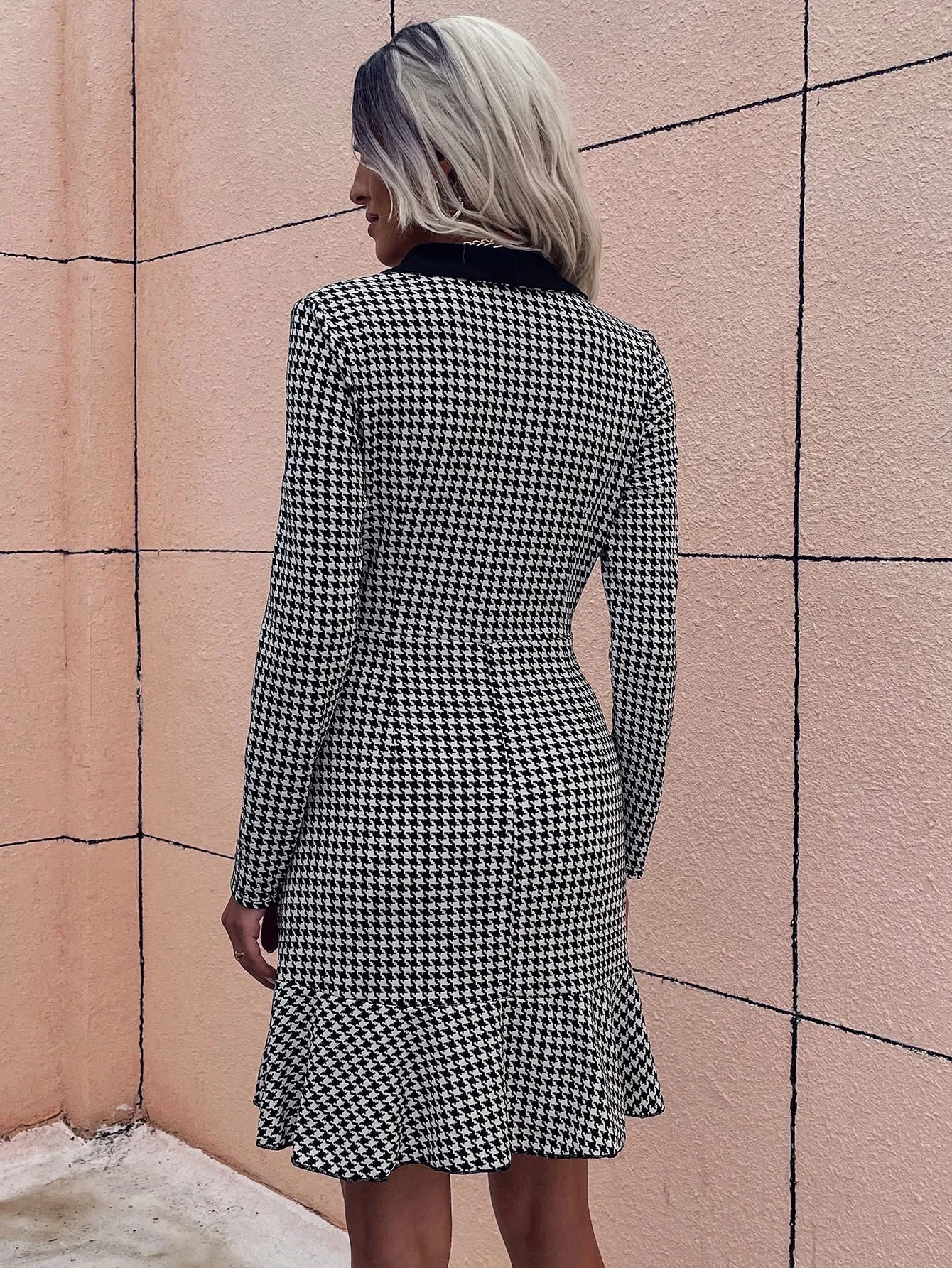 Elegant Houndstooth Button Front Long Sleeve V Neck Flounce High Waist Short Dress