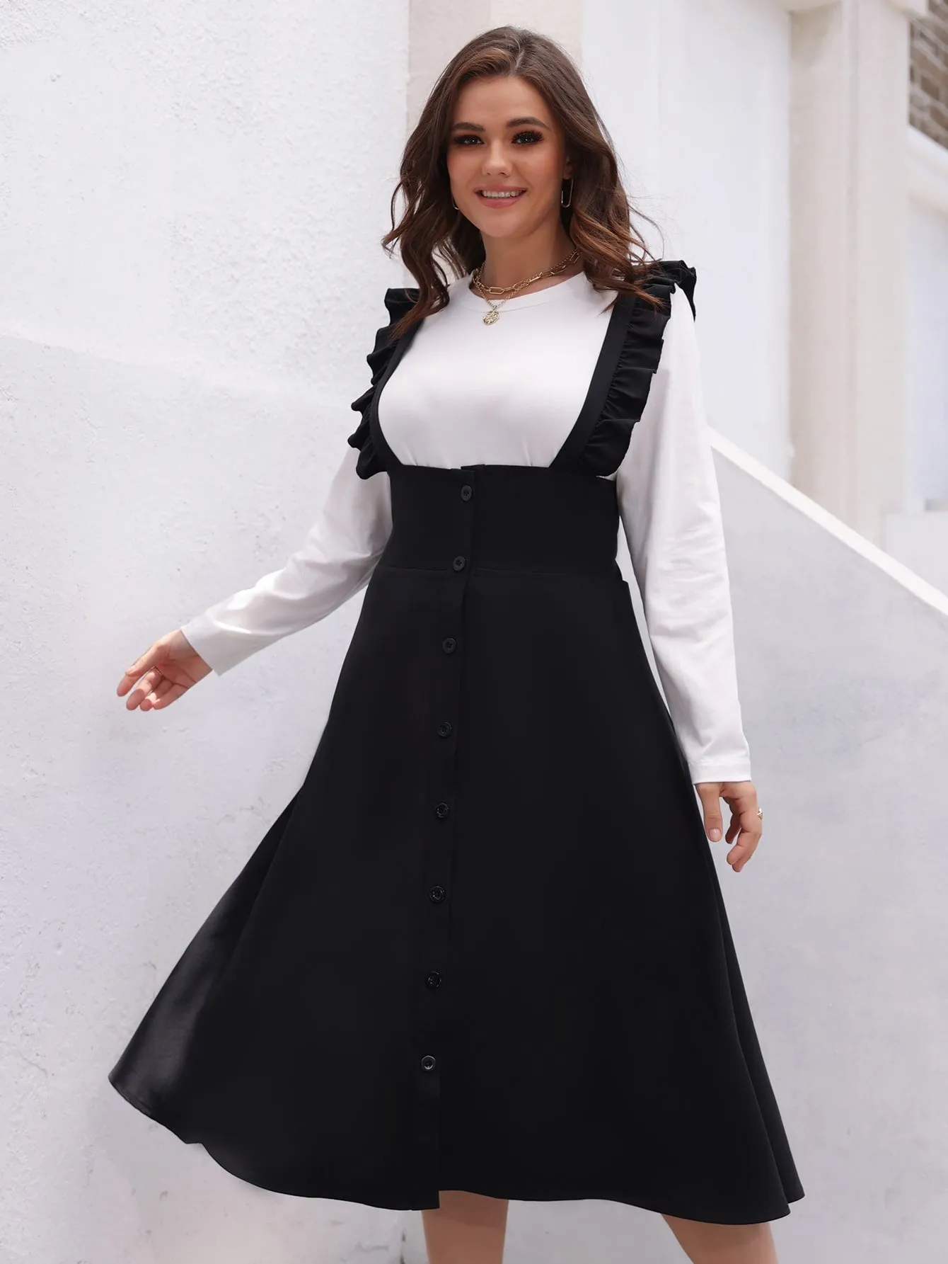 Elegant Plain Button Front Sleeveless Straps Straight High Waist Midi Plus Size Dress