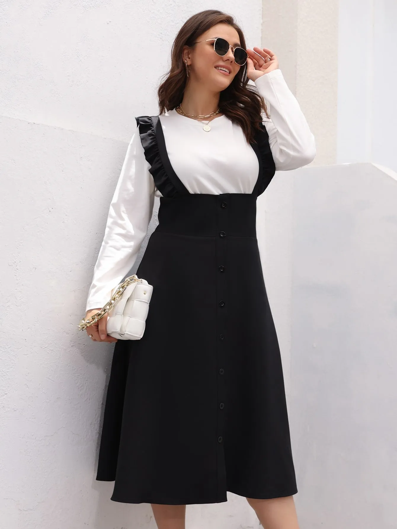 Elegant Plain Button Front Sleeveless Straps Straight High Waist Midi Plus Size Dress