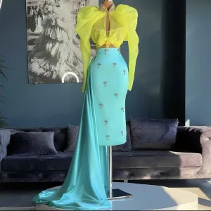 Elegant Two Piece Prom Dresses Long Sleeves Crystals