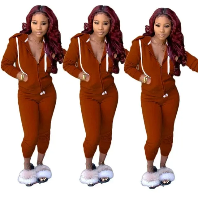Fashion Solid Slim Zipper Sports Hooded Two-Piece Suit Tracksuit