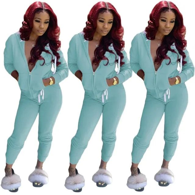 Fashion Solid Slim Zipper Sports Hooded Two-Piece Suit Tracksuit