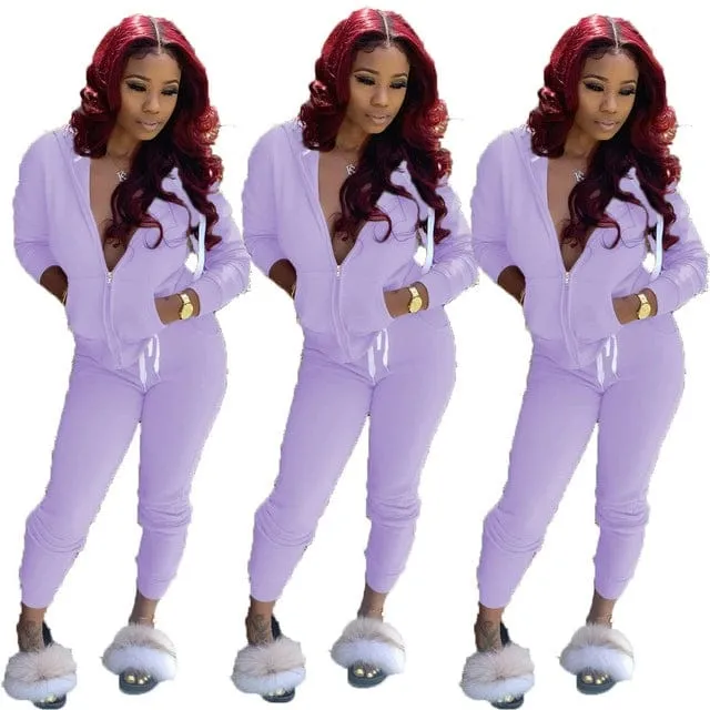 Fashion Solid Slim Zipper Sports Hooded Two-Piece Suit Tracksuit