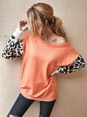Long SleeveLeopard Print Color Block Loose Pullover Sweater