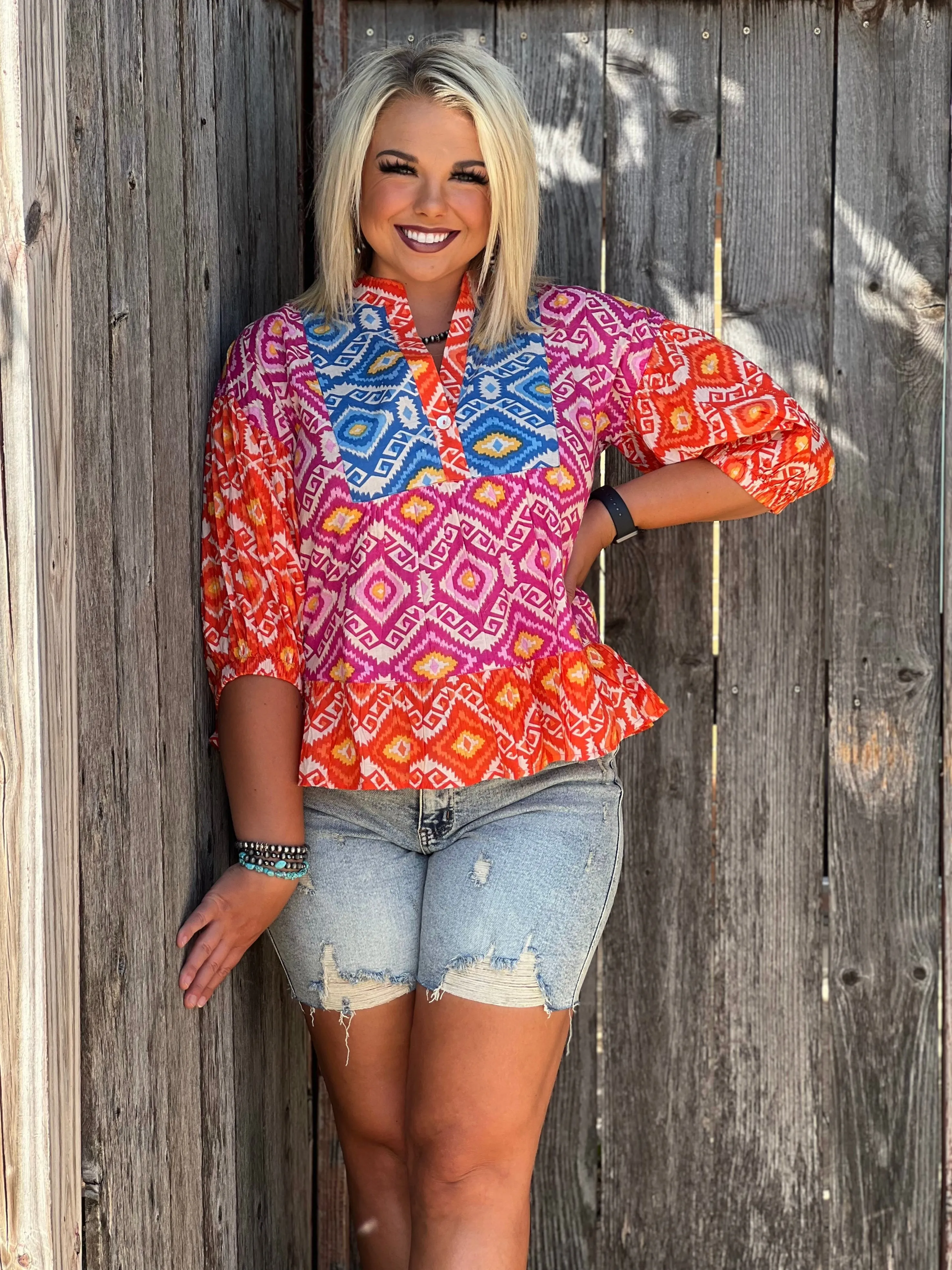 Melinda Orange & Blue Aztec Blouse by Ivy Jane