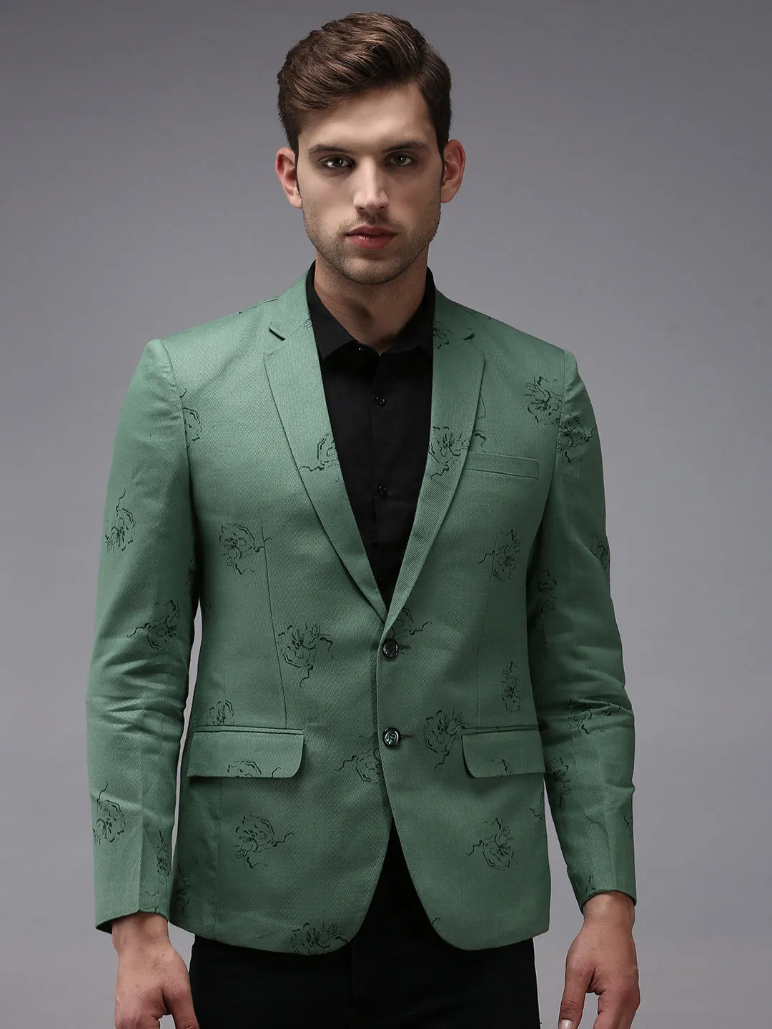 Men Green Printed Single Breasted Blazers