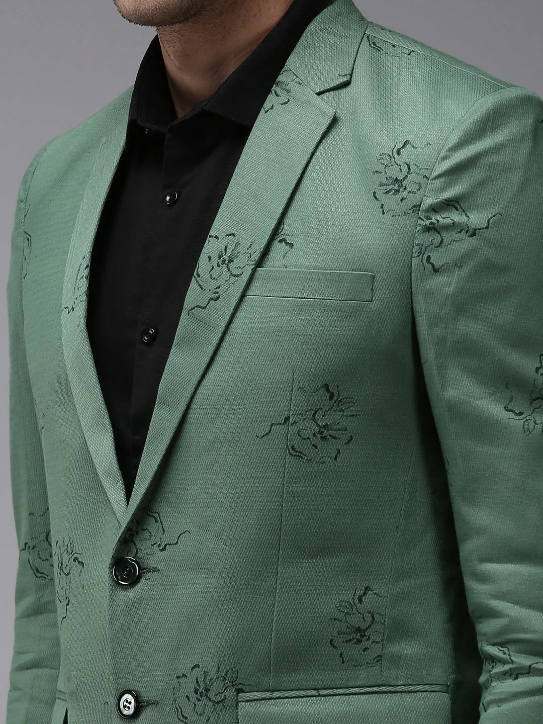 Men Green Printed Single Breasted Blazers