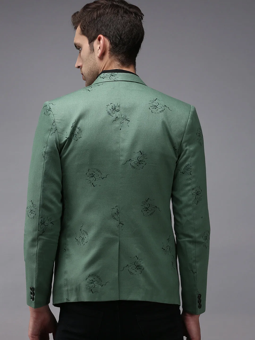 Men Green Printed Single Breasted Blazers