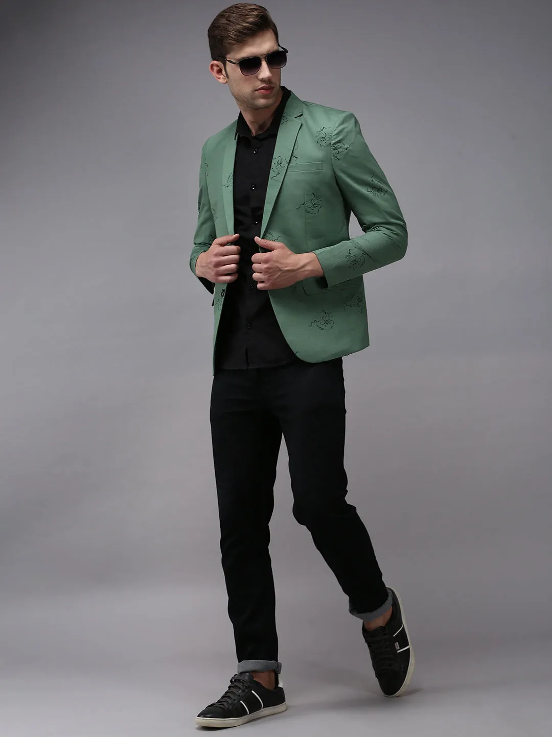 Men Green Printed Single Breasted Blazers