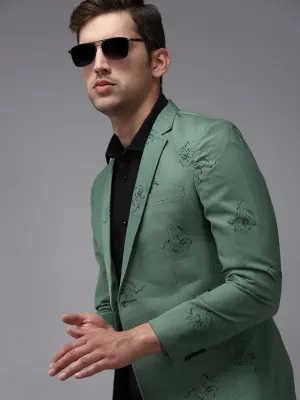 Men Green Printed Single Breasted Blazers