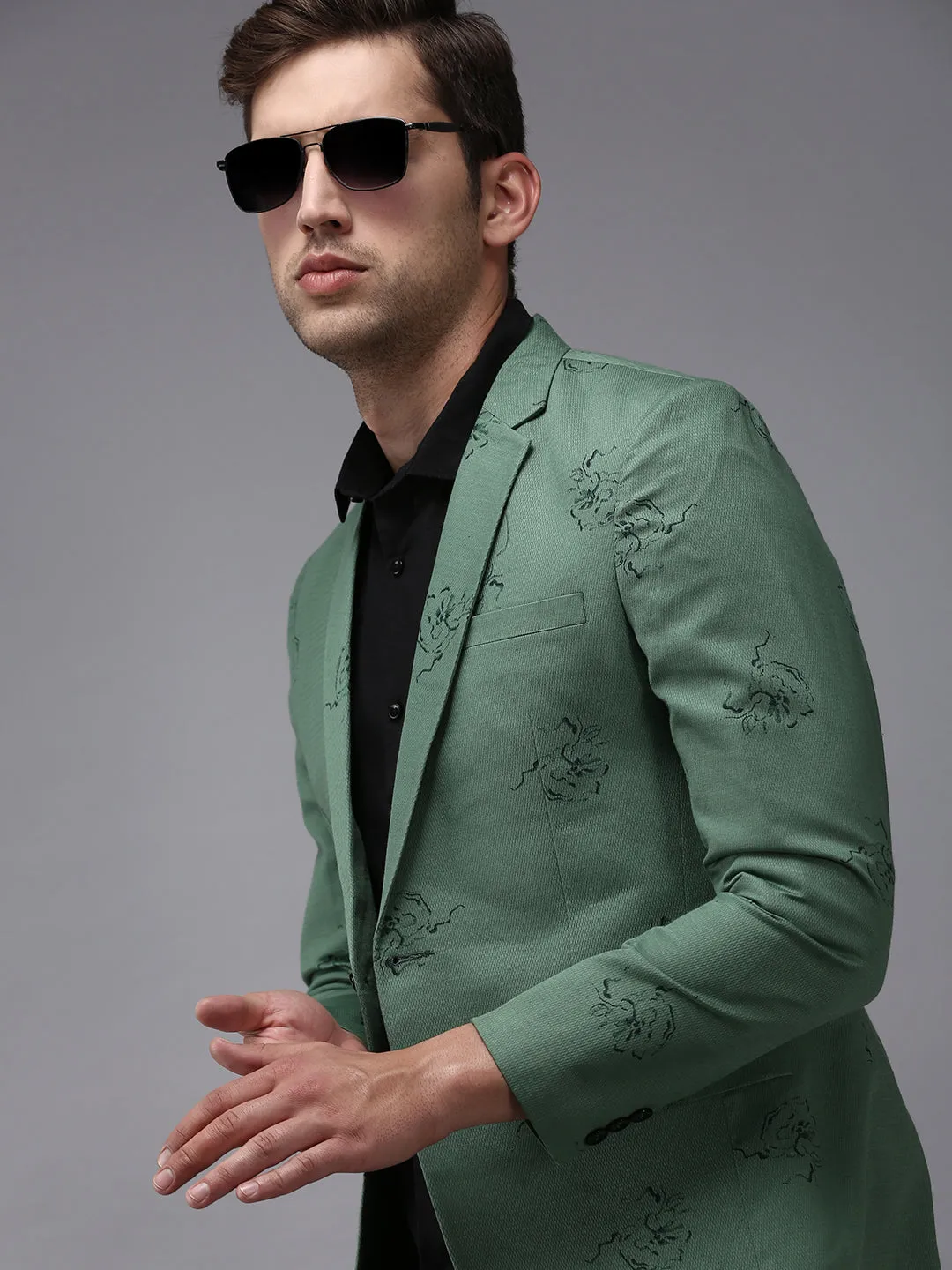 Men Green Printed Single Breasted Blazers