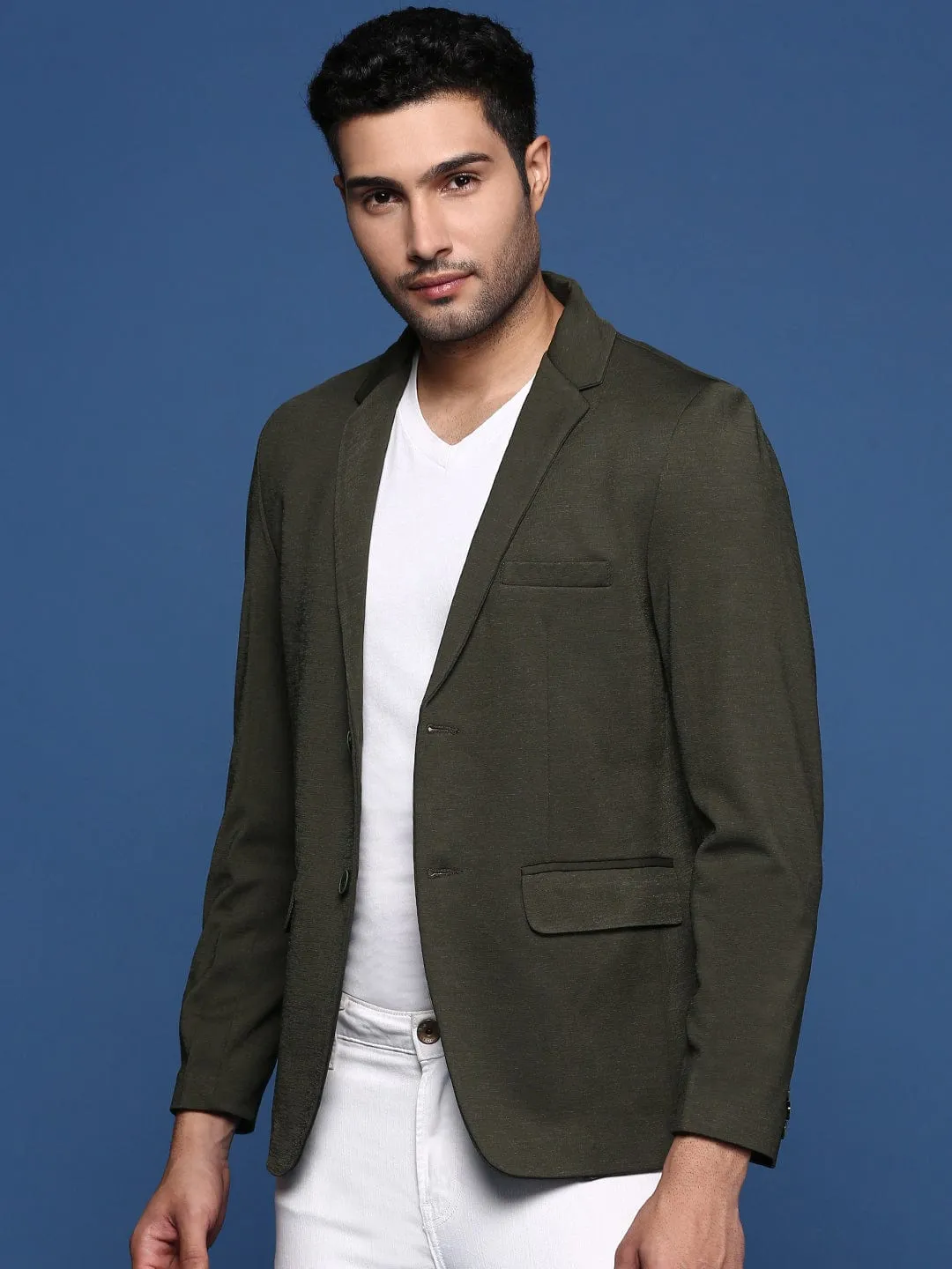 Men Green Slim Fit Single Breasted Casual Blazer