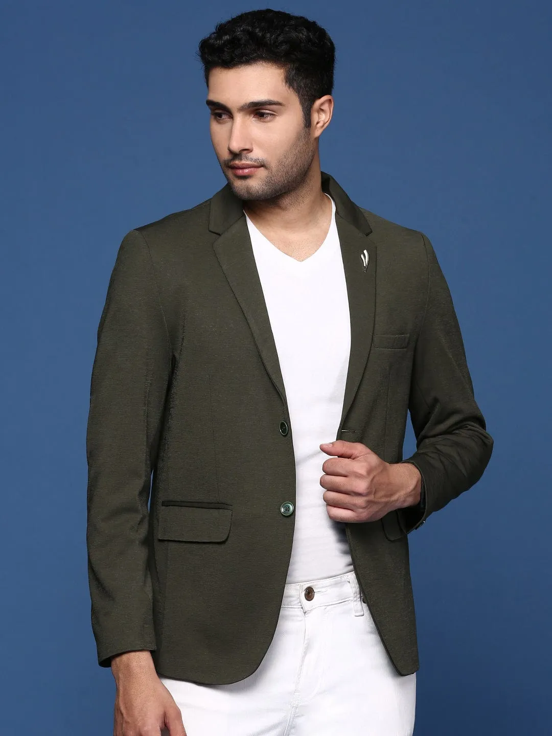 Men Green Slim Fit Single Breasted Casual Blazer