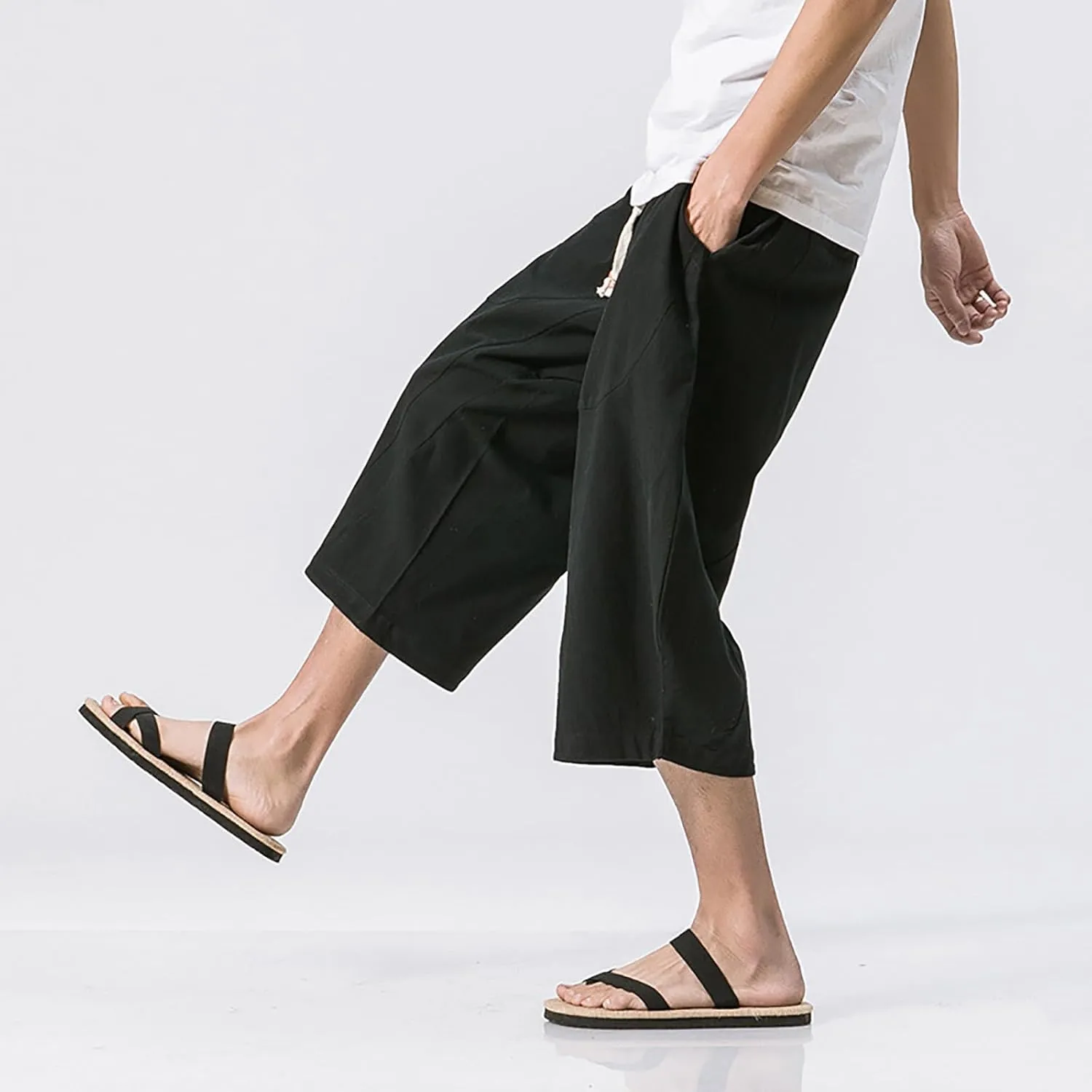 Mens Casual Pants Linen Pants Drawstring Beach Pants Relaxed-Fit Yoga Pants Summer Elastic Waist Pants