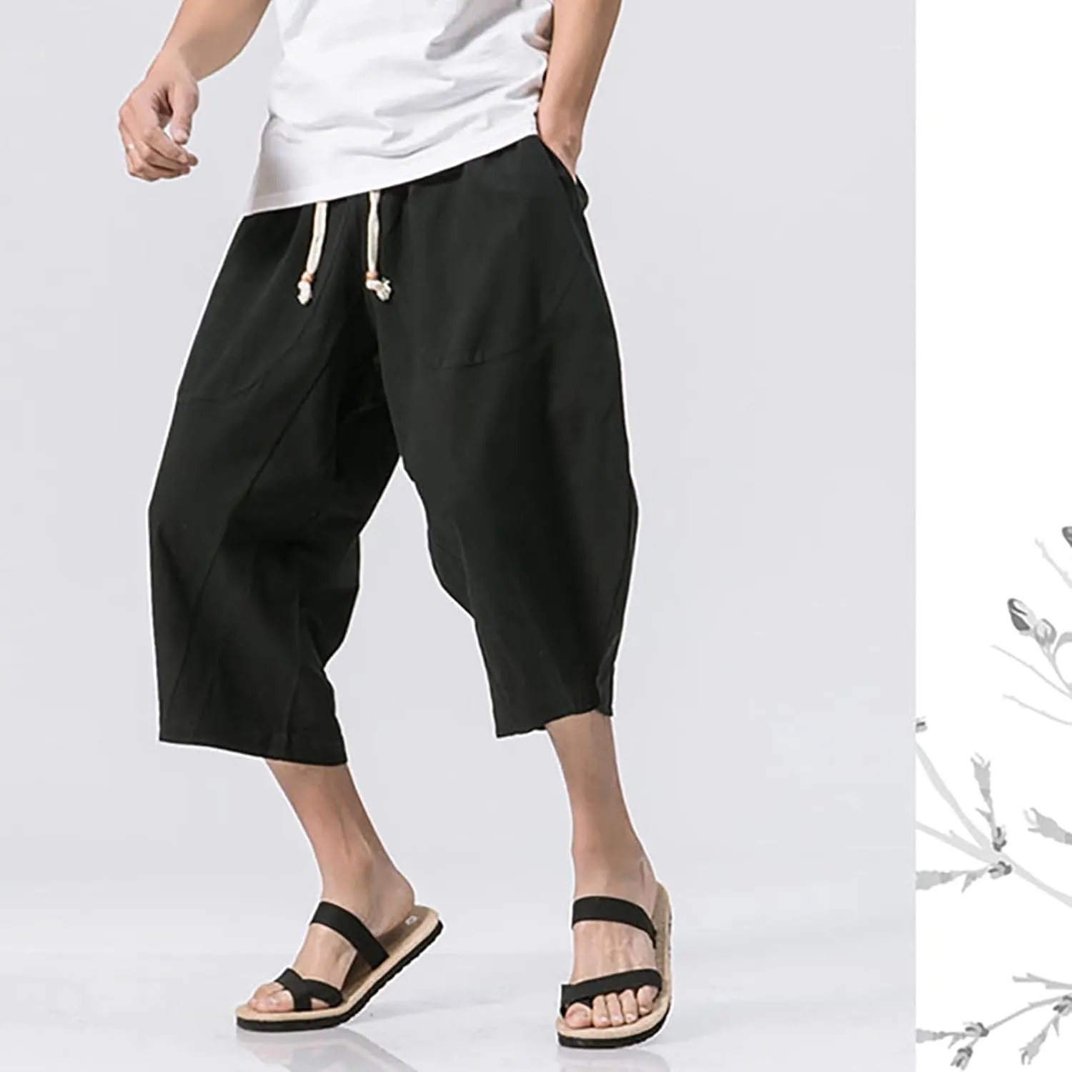 Mens Casual Pants Linen Pants Drawstring Beach Pants Relaxed-Fit Yoga Pants Summer Elastic Waist Pants