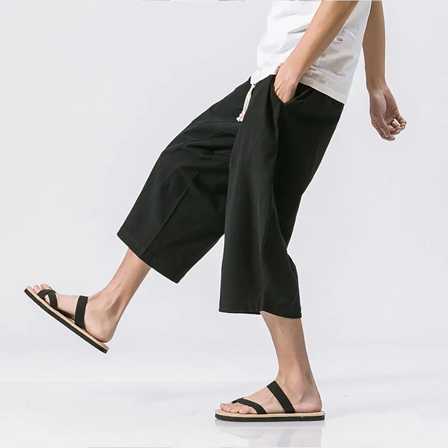 Mens Casual Pants Linen Pants Drawstring Beach Pants Relaxed-Fit Yoga Pants Summer Elastic Waist Pants