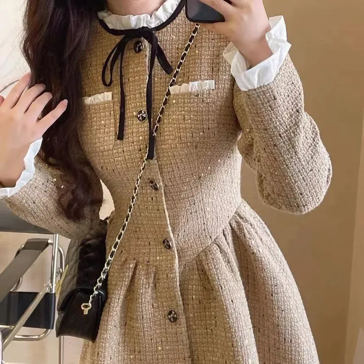 Nipped-Waist Bell-Sleeved Tweed Elegant Dress