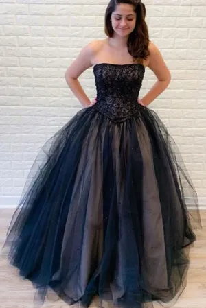 Promfast Ball Gown Strapless Lace Up Back Black Lace Appliques Prom Dresses, Sweet 16 Dresses PFP1845