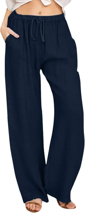 sdbrld Linen Pants Women Summer Trendy Casual High Waist Trousers Drawstring Loose Fit Lightweight Long Palazzo Gauze Pants