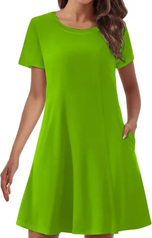 Short Sleeve Dress for Women Crewneck T Shirt Dress Solid Babydoll Dress with Pockets Holiday Vacation Clothes