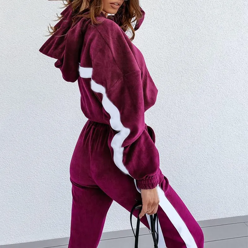 Velvet Women Set Long Sleeve Crop Hoodies And Pants Joggers Suit