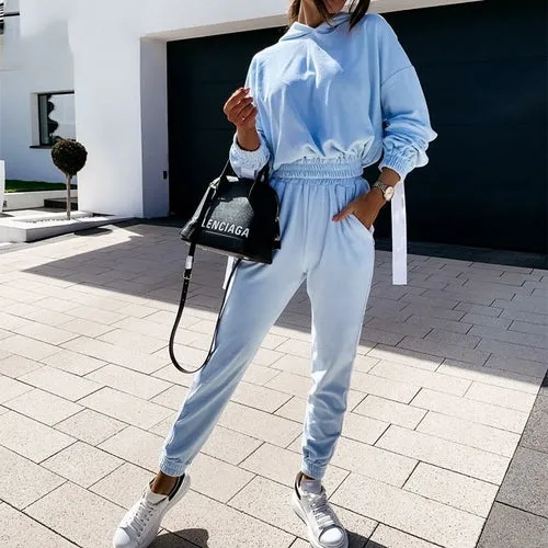 Velvet Women Set Long Sleeve Crop Hoodies And Pants Joggers Suit