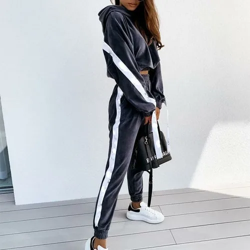 Velvet Women Set Long Sleeve Crop Hoodies And Pants Joggers Suit