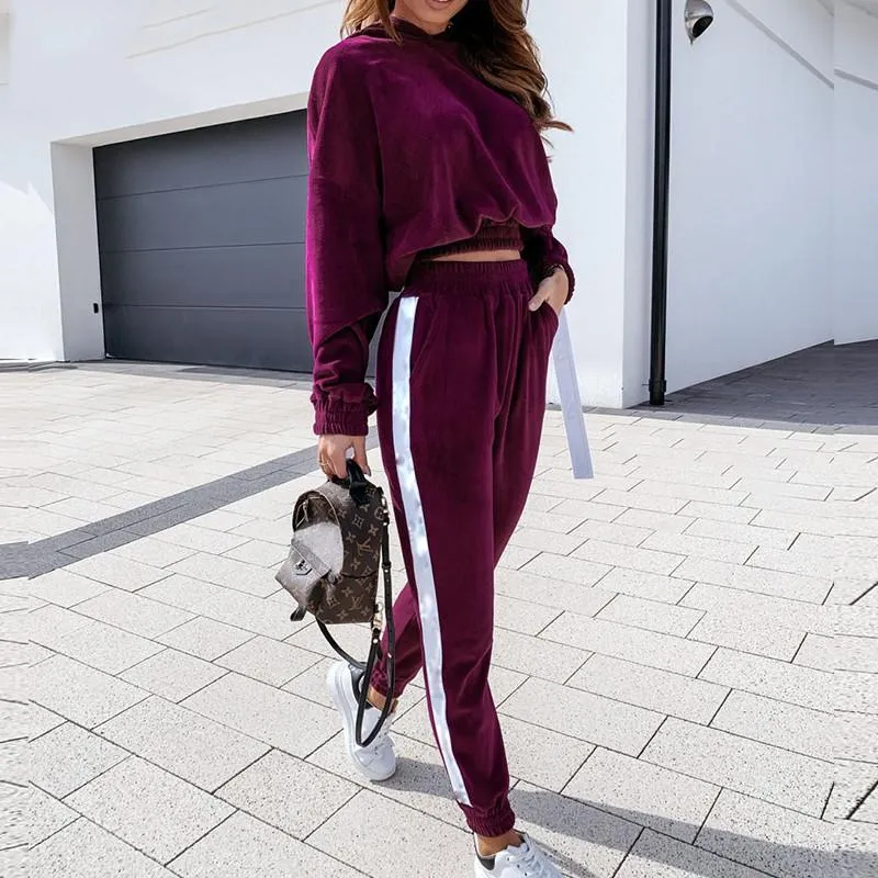 Velvet Women Set Long Sleeve Crop Hoodies And Pants Joggers Suit