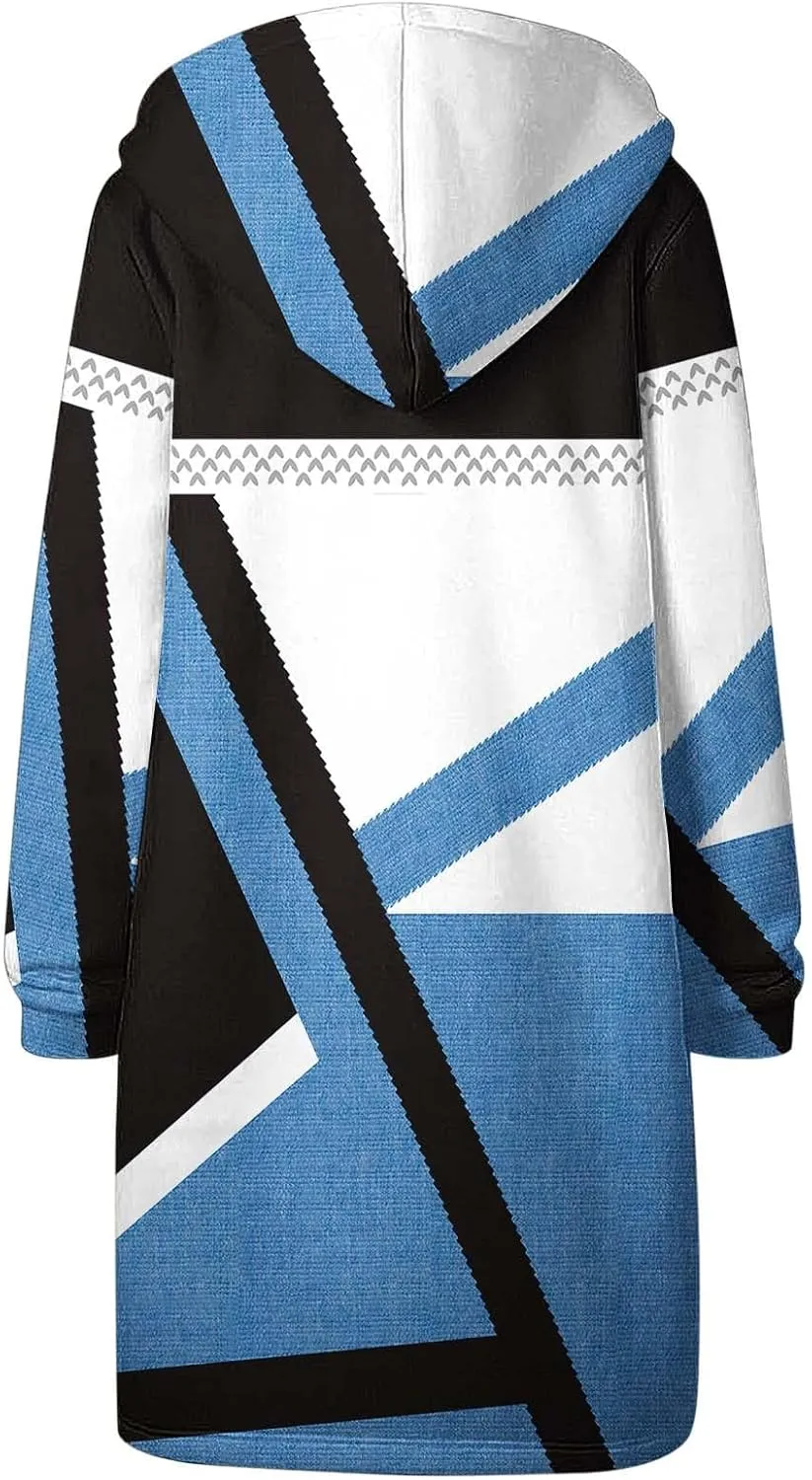 Women Color Block Long Hoodie Jackets Zip Up Oversized Fleece Tunic Sweatshirts Winter Long Sleeve Drawstring Coats