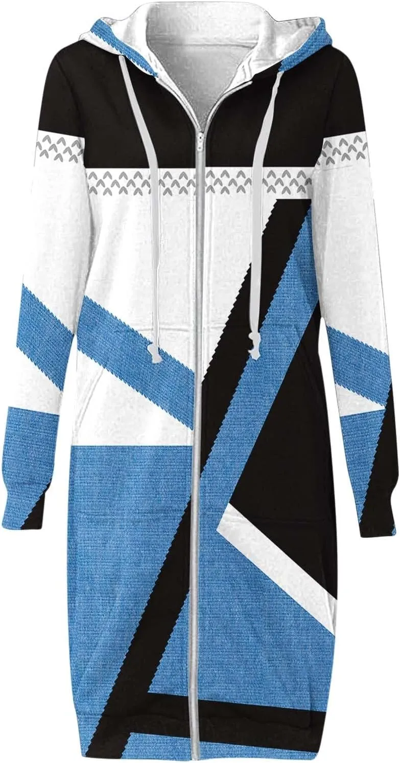 Women Color Block Long Hoodie Jackets Zip Up Oversized Fleece Tunic Sweatshirts Winter Long Sleeve Drawstring Coats