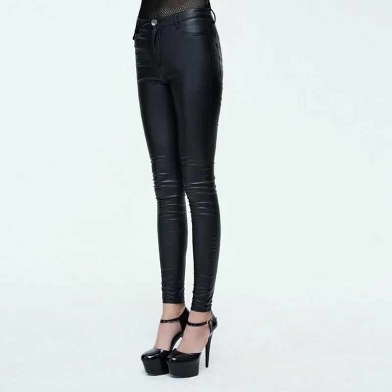 Women's Goth Leather Low Rise Pants With Skull Button