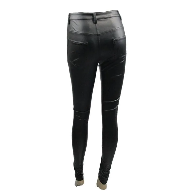 Women's Goth Leather Low Rise Pants With Skull Button