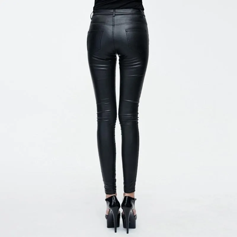 Women's Goth Leather Low Rise Pants With Skull Button