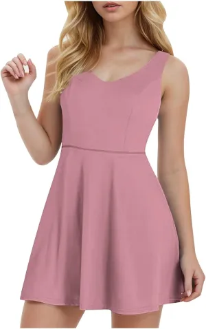 Womens Summer Dresses 2025 V-Neck Spaghetti Strap Dresses Waist Tie Sundress Layer Ruffle Hem a Line Mini Dress